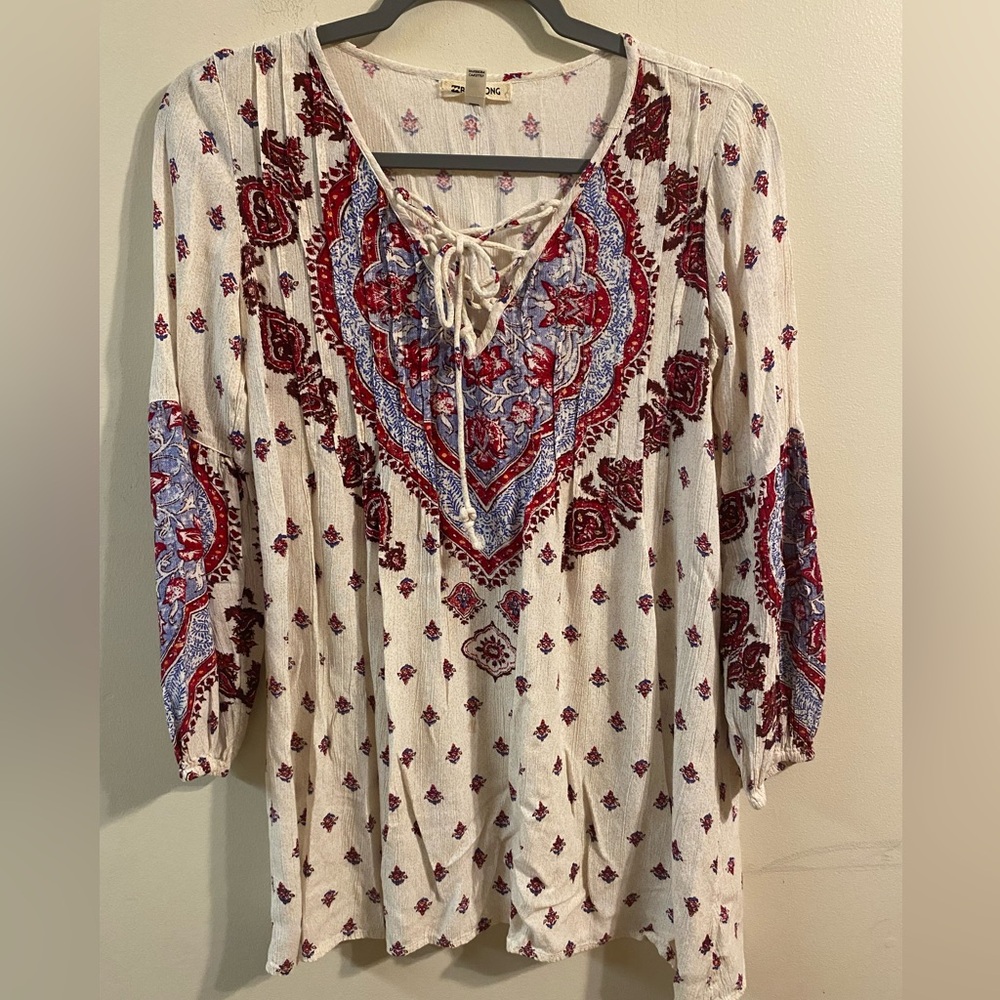 Womens Billabong White Pink Boho Hippie Long Sleeve V-Neck Tunic Size XS